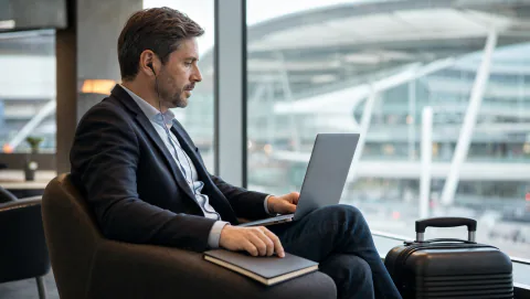 Consultant travaillant sur son ordinateur dans un espace de voyage professionnel