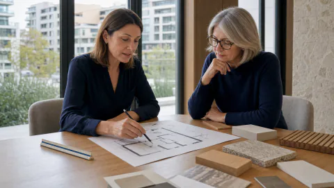 Consultante en immobilier étudiant un plan et des échantillons de matériaux avec une cliente