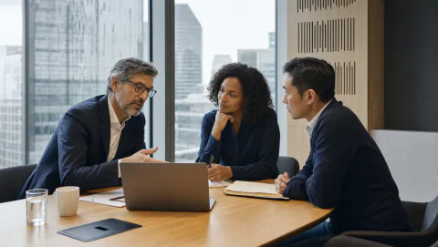 Trois consultants en réunion dans un quartier d’affaires métropolitain