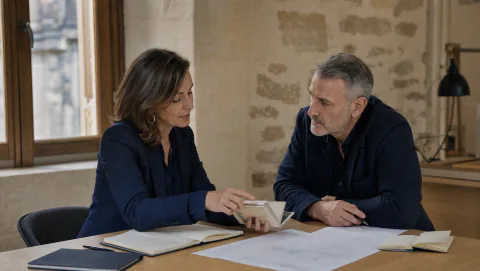 Consultante et client travaillant dans un bureau aménagé au sein d’un bâtiment ancien
