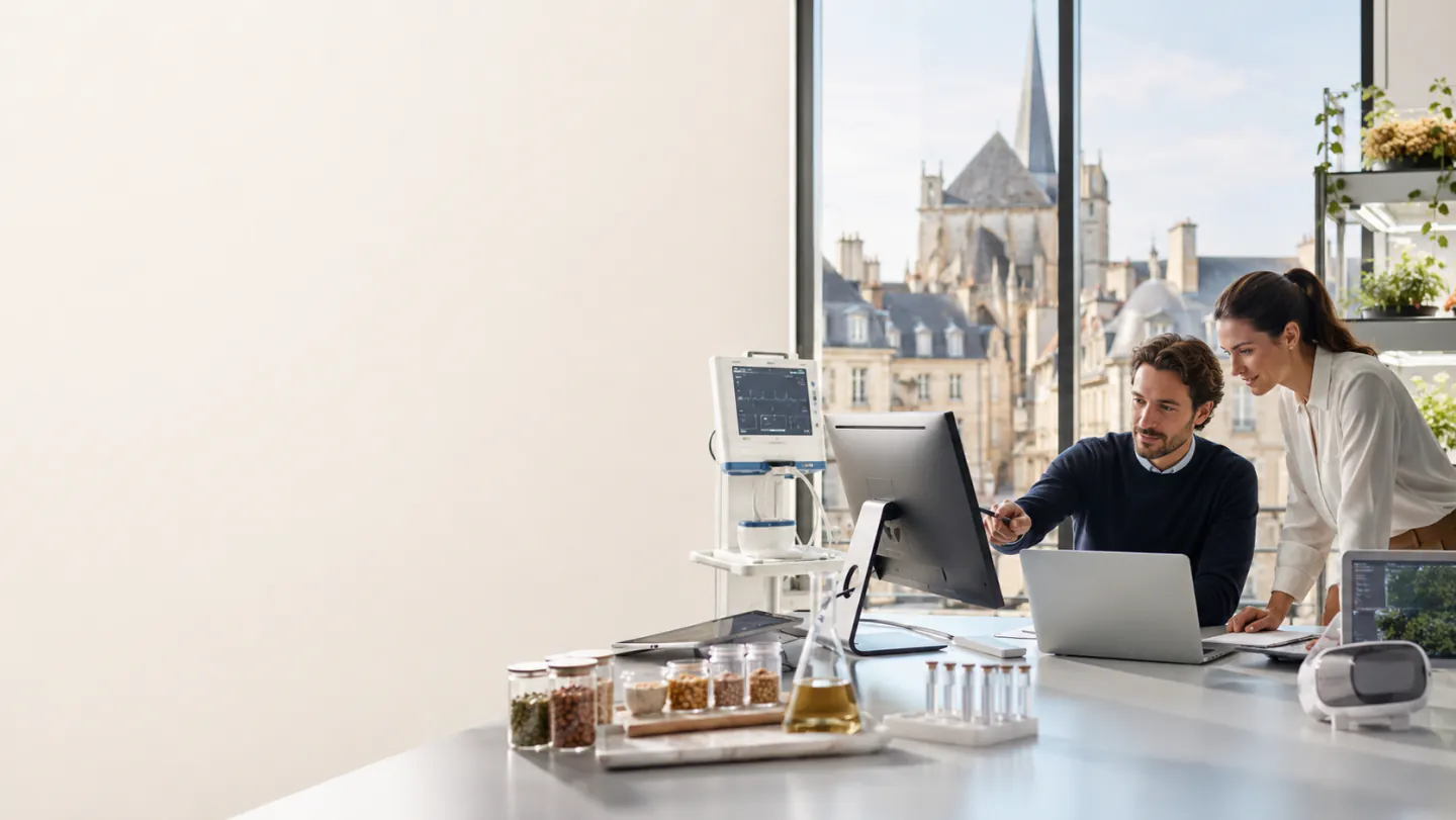 Espace de travail bordelais avec vue sur la cathédrale et la tour Pey-Berland, échantillons agroalimentaires sur la table
