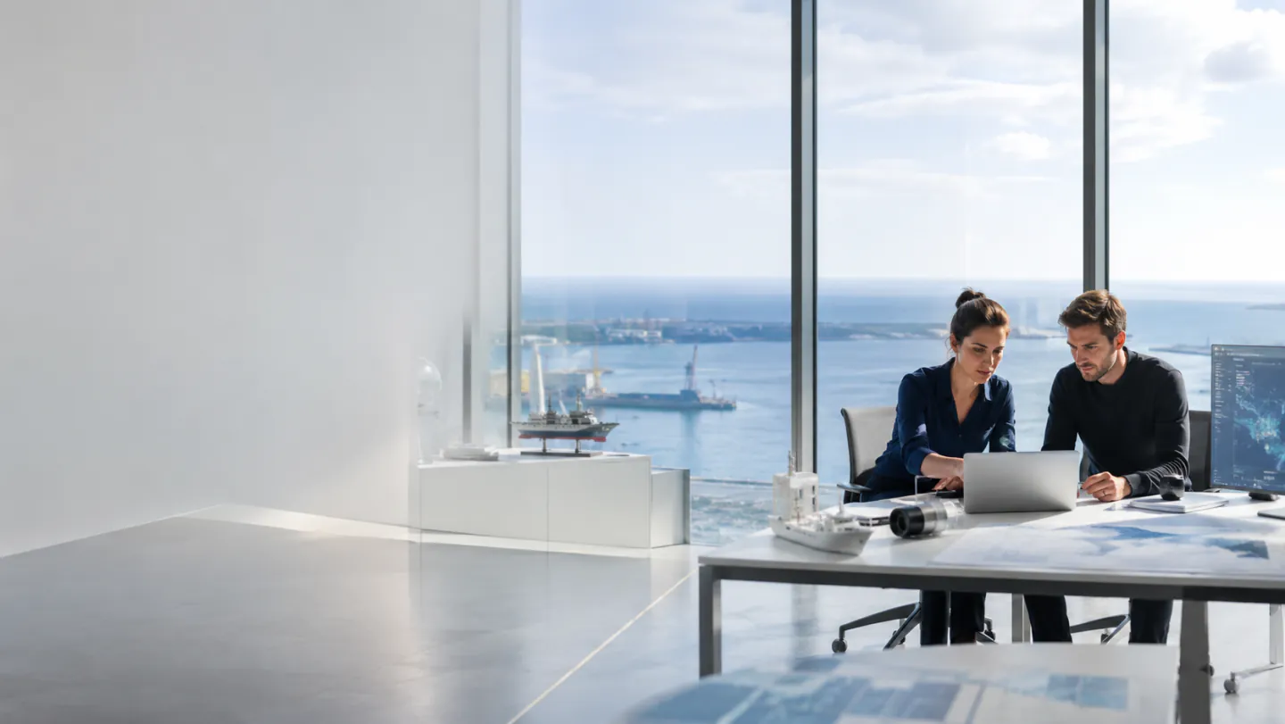 Bureau brestois surplombant la rade et les chantiers navals, maquettes de navires posées sur la table