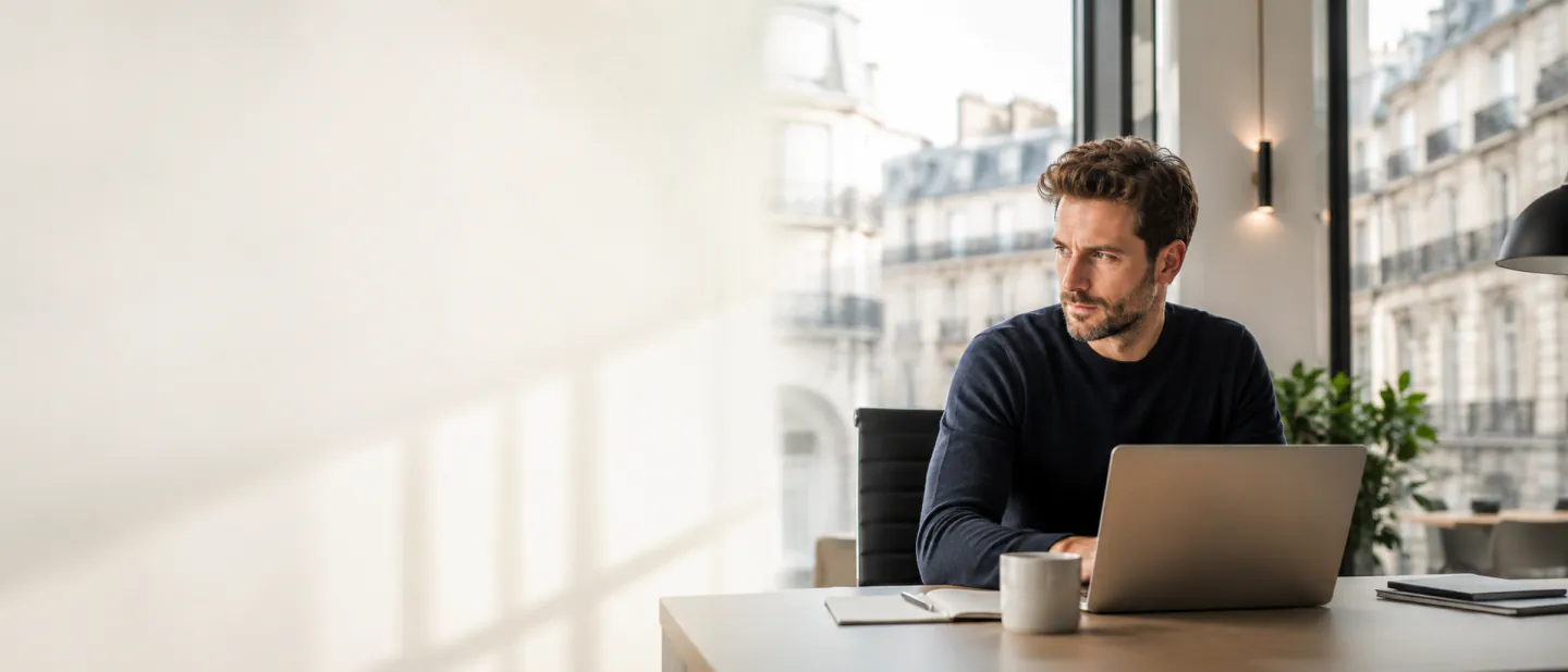 Consultant indépendant à son bureau devant son ordinateur portable, baie vitrée en arrière-plan