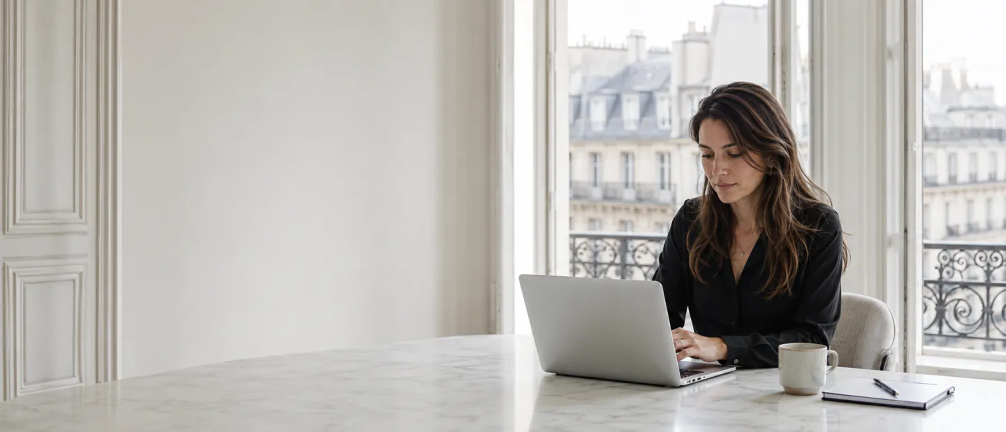 Consultante en informatique travaillant sur son ordinateur portable, installée à une table dans un intérieur clair