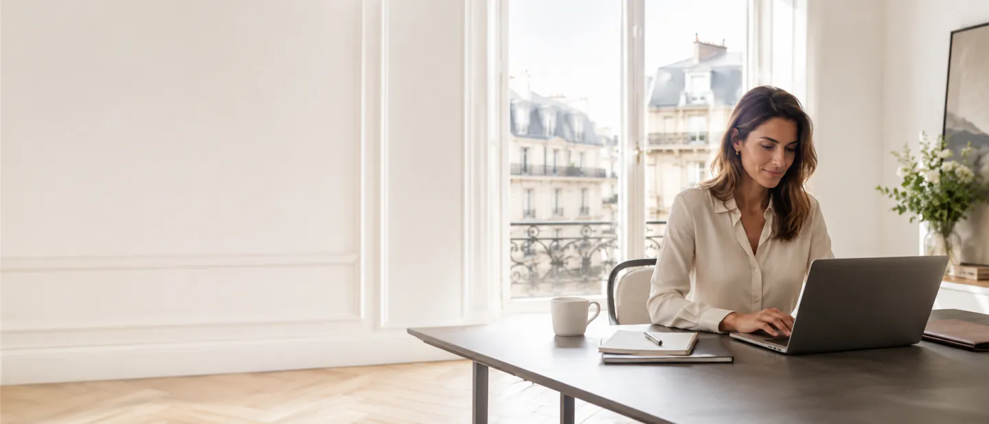 Consultante en portage salarial travaillant depuis un appartement parisien, porte-fenêtre ouverte sur un balcon