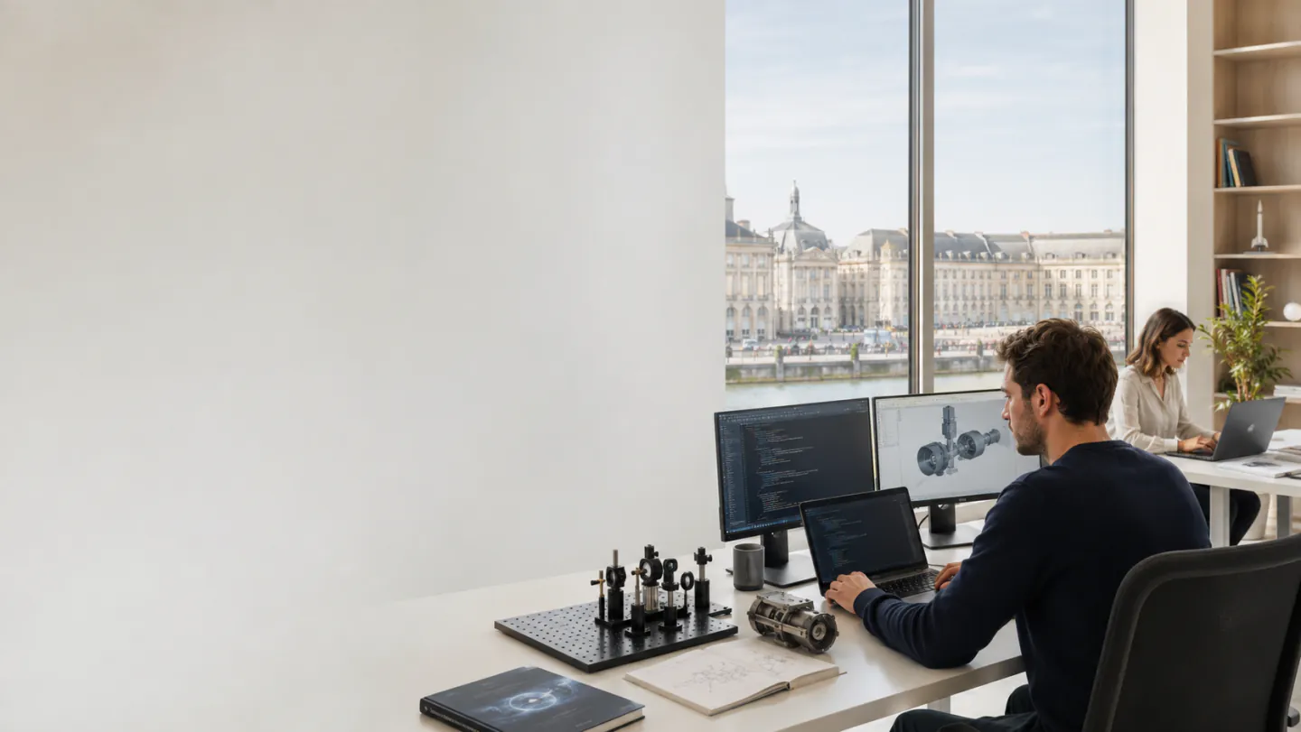 Développeur freelance travaillant sur deux écrans affichant du code et un modèle 3D, pièces techniques sur le bureau
