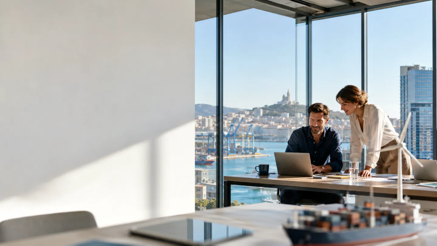 Bureau vitré donnant sur le port de Marseille et Notre-Dame de la Garde, deux professionnels devant un ordinateur portable