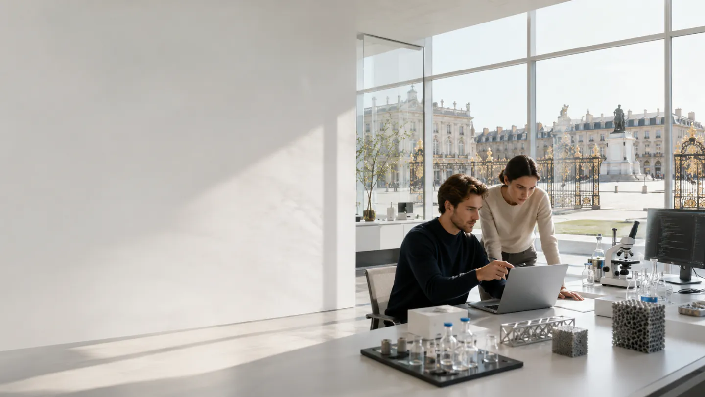 Espace de travail donnant sur la place Stanislas à Nancy, instruments de laboratoire posés sur le plan de travail