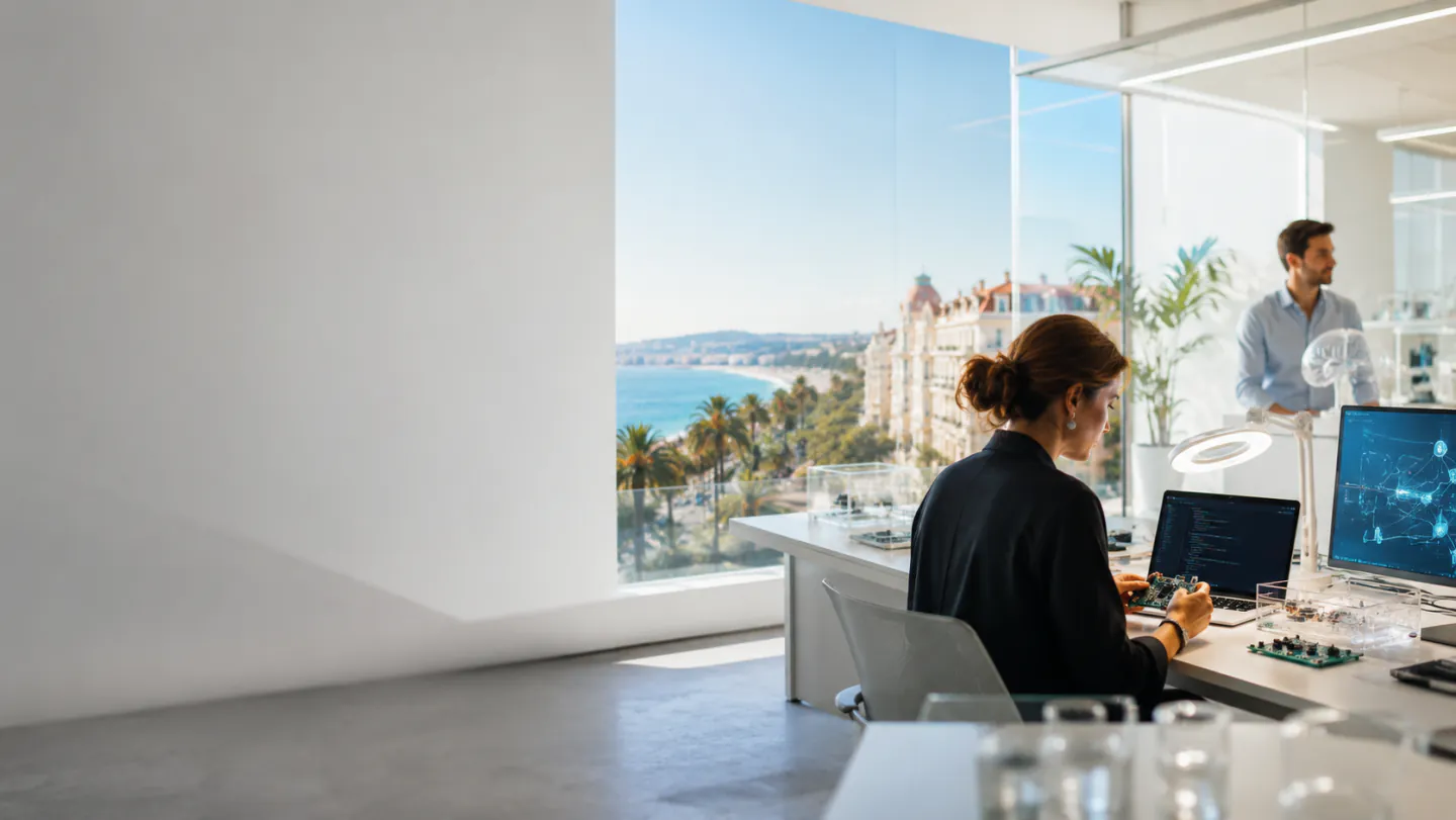 Développeuse au travail devant la baie des Anges à Nice, palmiers et front de mer visibles par la fenêtre