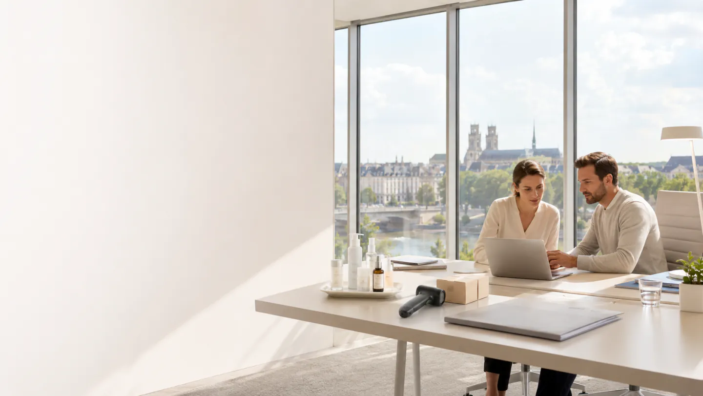 Bureau orléanais donnant sur la Loire et la cathédrale Sainte-Croix, flacons cosmétiques et colis sur le plan de travail