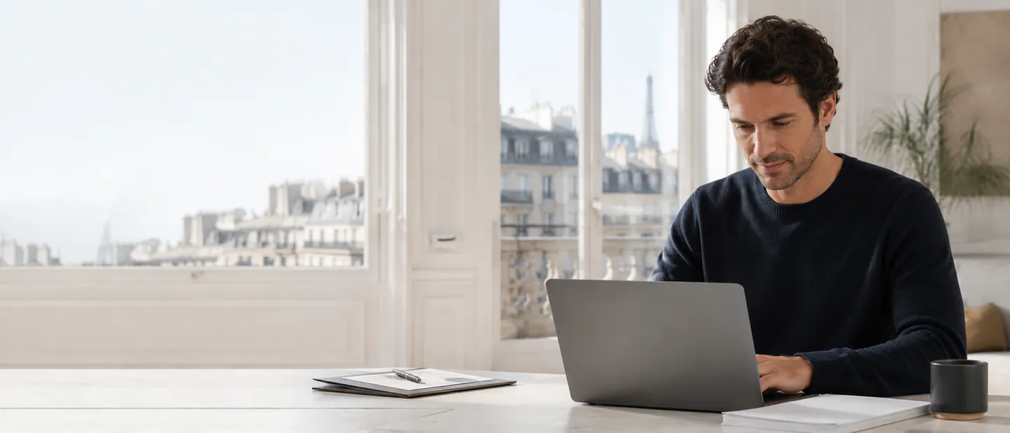 Indépendant en portage salarial travaillant sur son ordinateur portable, fenêtre ouverte sur les toits de Paris et la tour Eiffel