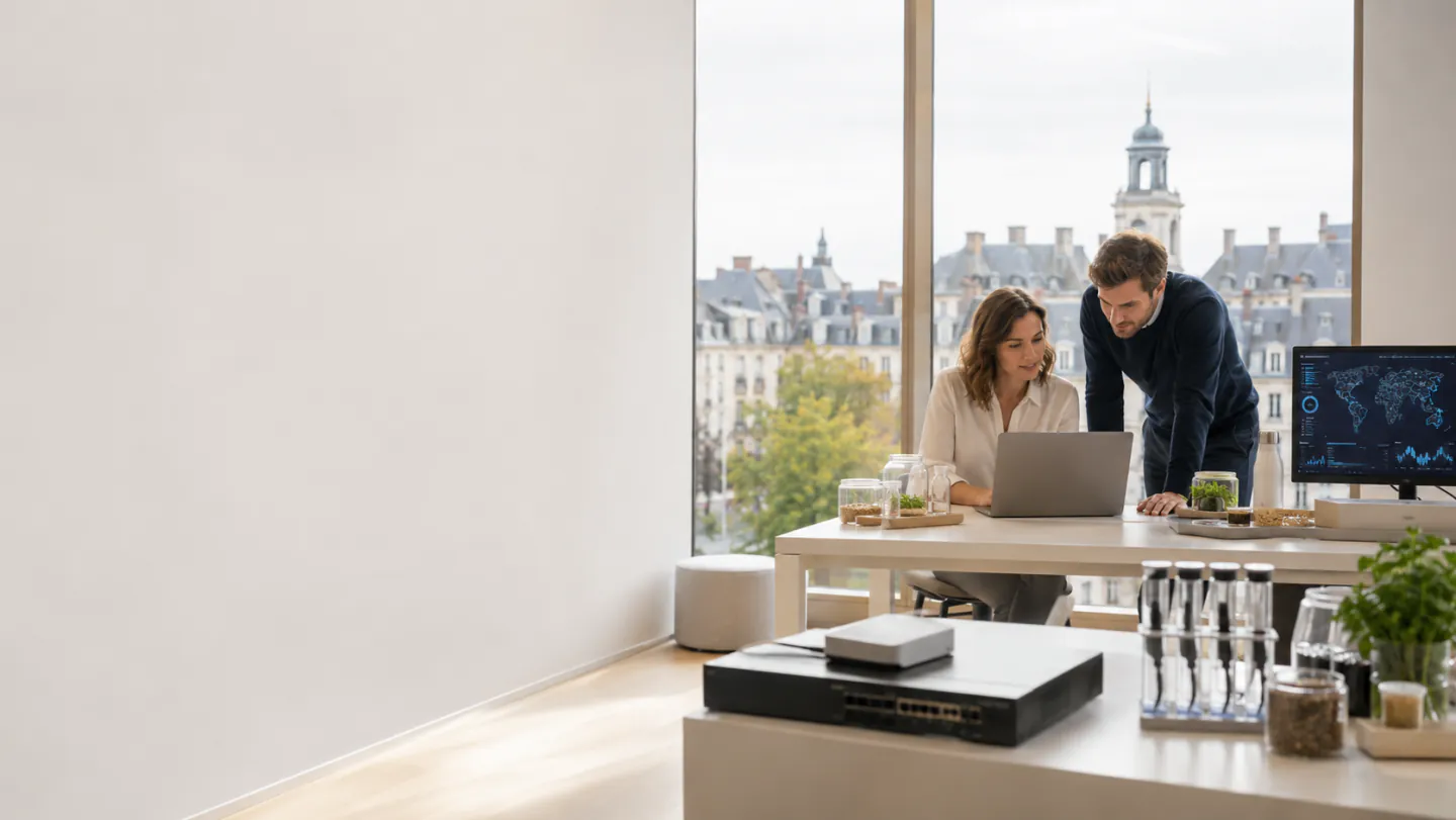 Deux professionnels devant un ordinateur portable à Rennes, équipement réseau sur le bureau et beffroi visible au loin