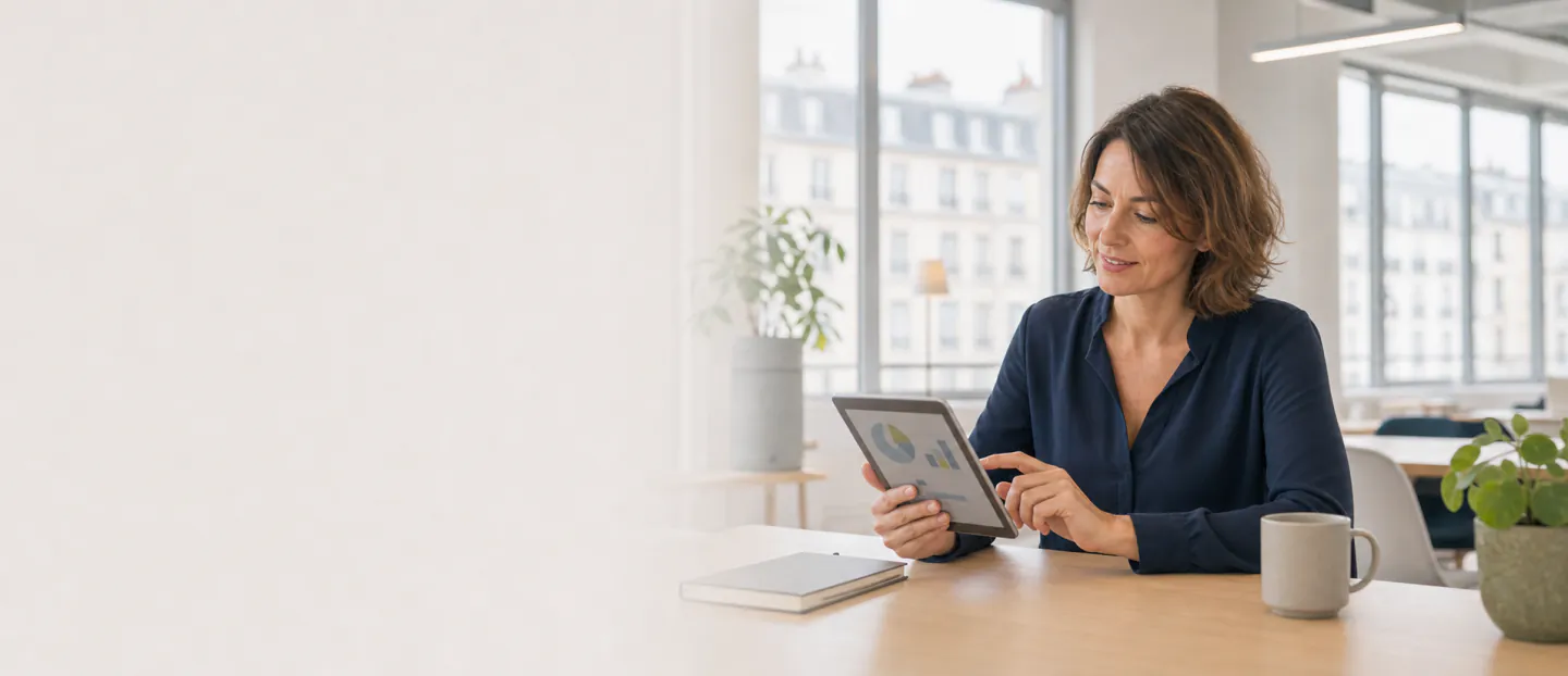 Consultante indépendante consultant des graphiques sur sa tablette dans un bureau urbain lumineux